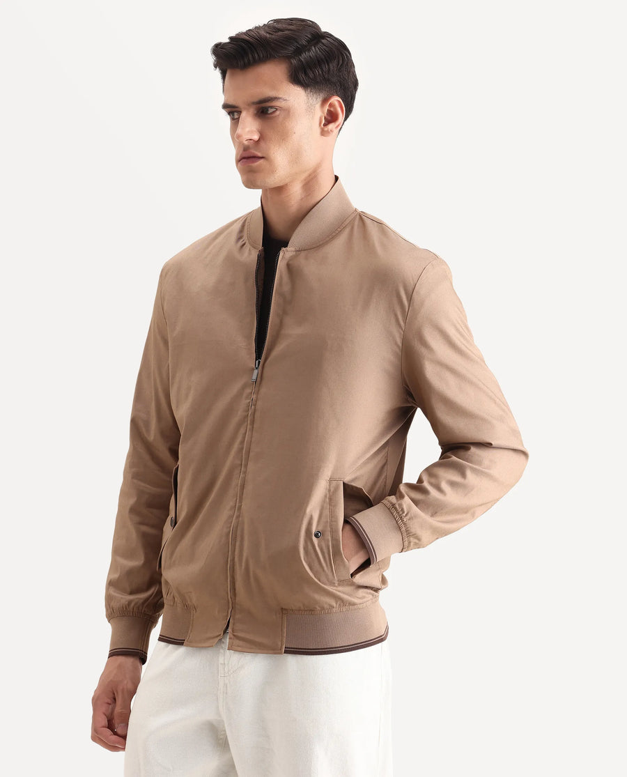 Rare Rabbit Men's Bom Tan Polyester Blend Fabric Ribbed Collar Regular Plain Jacket