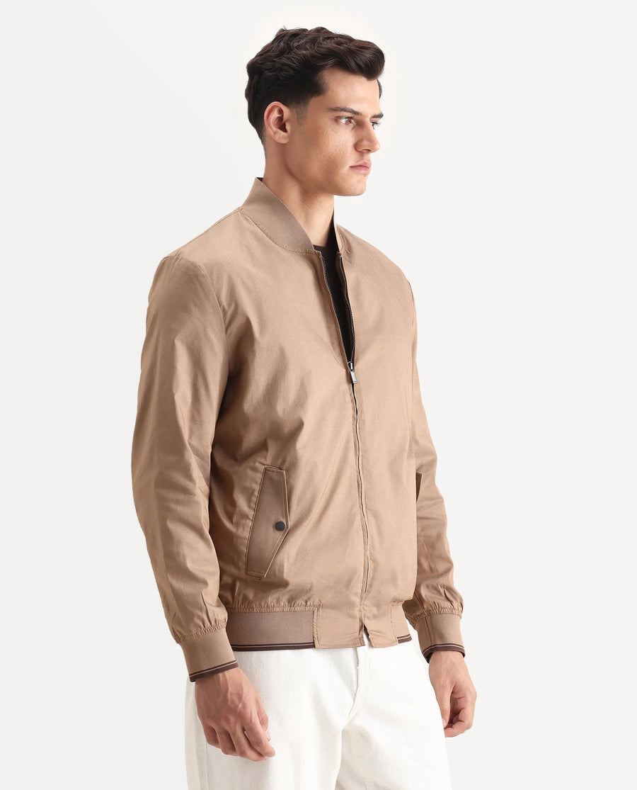 Rare Rabbit Men's Bom Tan Polyester Blend Fabric Ribbed Collar Regular Plain Jacket