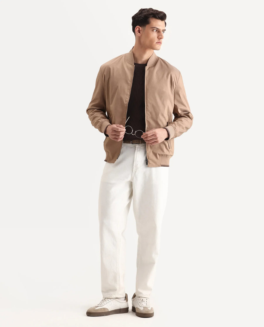Rare Rabbit Men's Bom Tan Polyester Blend Fabric Ribbed Collar Regular Plain Jacket