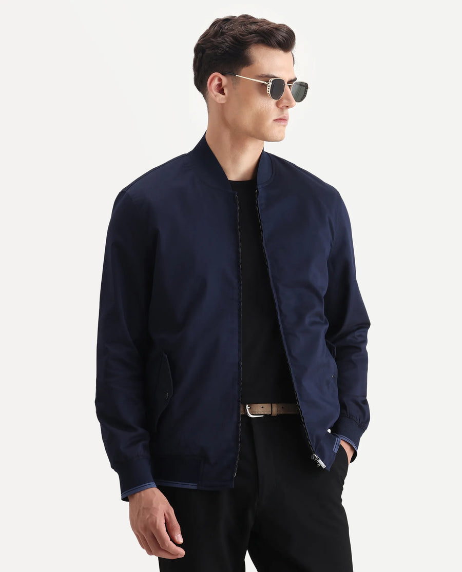 Rare Rabbit Men's Bom Navy Polyester Blend Fabric Ribbed Collar Regular Plain Jacket