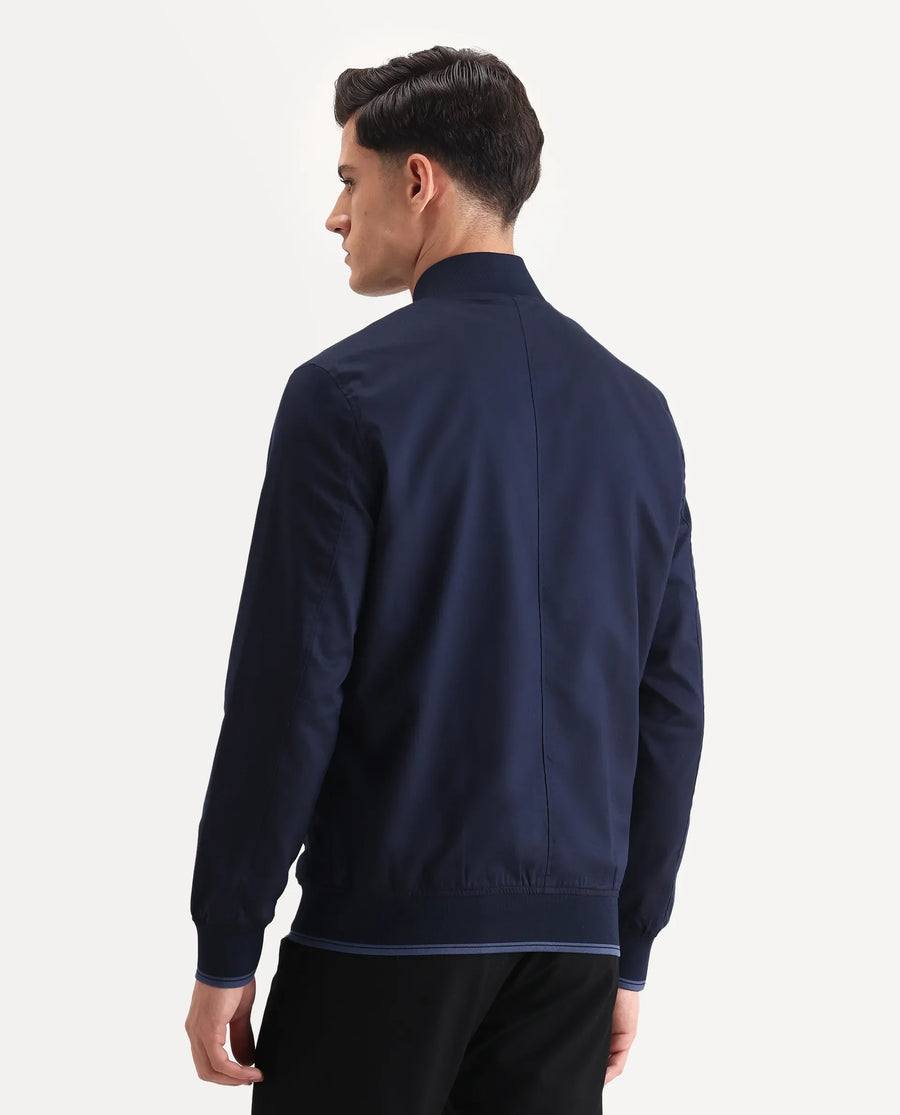 Rare Rabbit Men's Bom Navy Polyester Blend Fabric Ribbed Collar Regular Plain Jacket