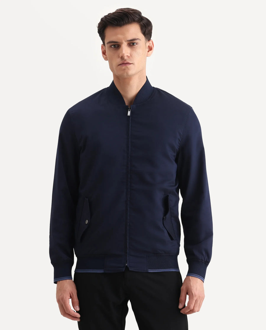 Rare Rabbit Men's Bom Navy Polyester Blend Fabric Ribbed Collar Regular Plain Jacket