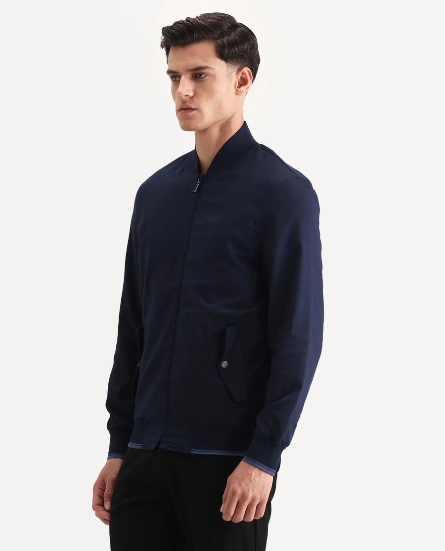 Rare Rabbit Men's Bom Navy Polyester Blend Fabric Ribbed Collar Regular Plain Jacket