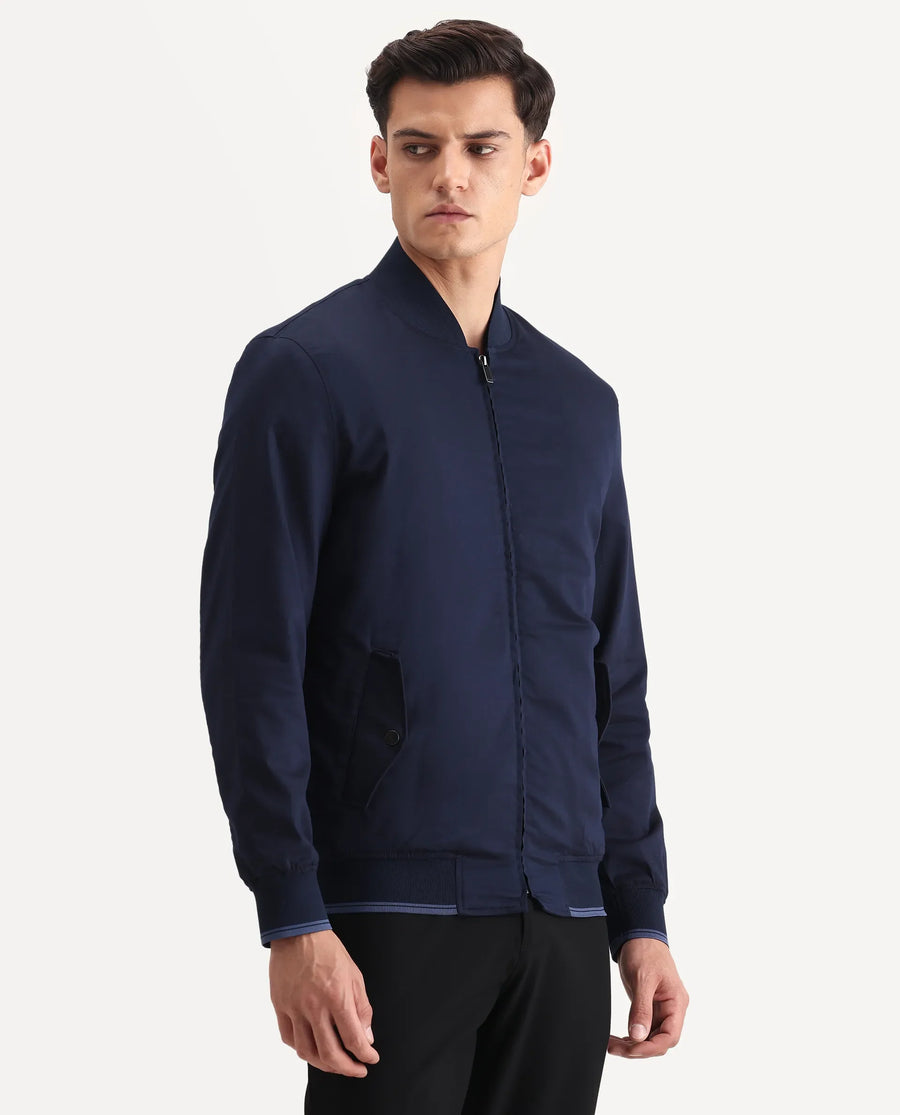 Rare Rabbit Men's Bom Navy Polyester Blend Fabric Ribbed Collar Regular Plain Jacket