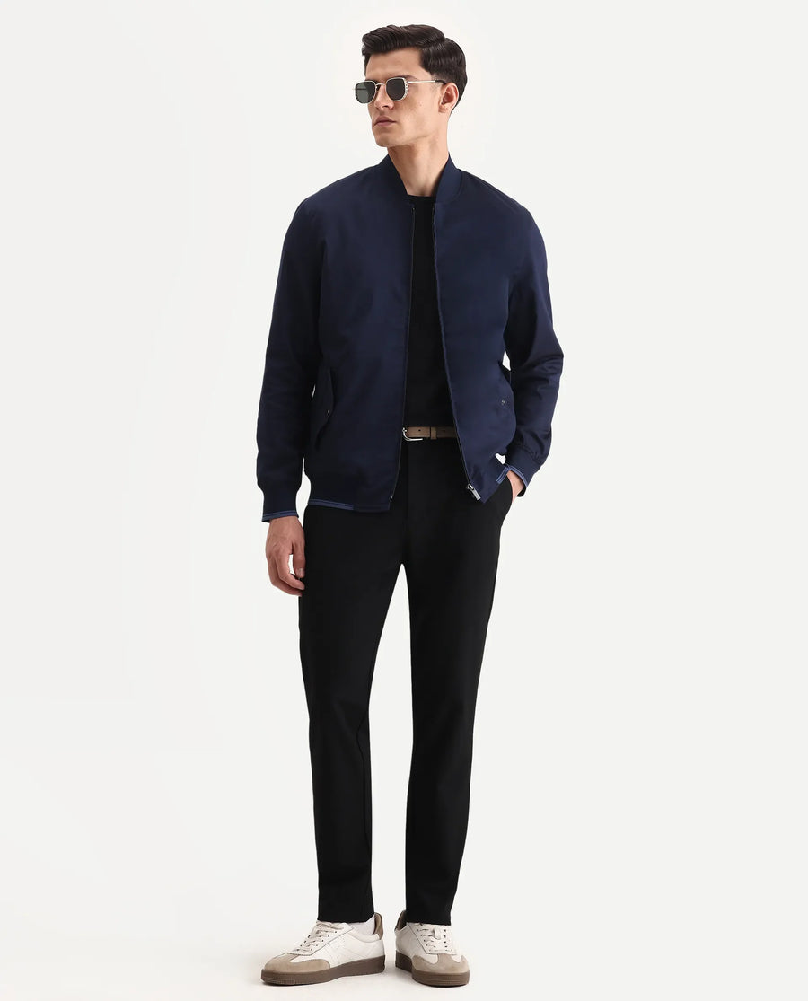 Rare Rabbit Men's Bom Navy Polyester Blend Fabric Ribbed Collar Regular Plain Jacket
