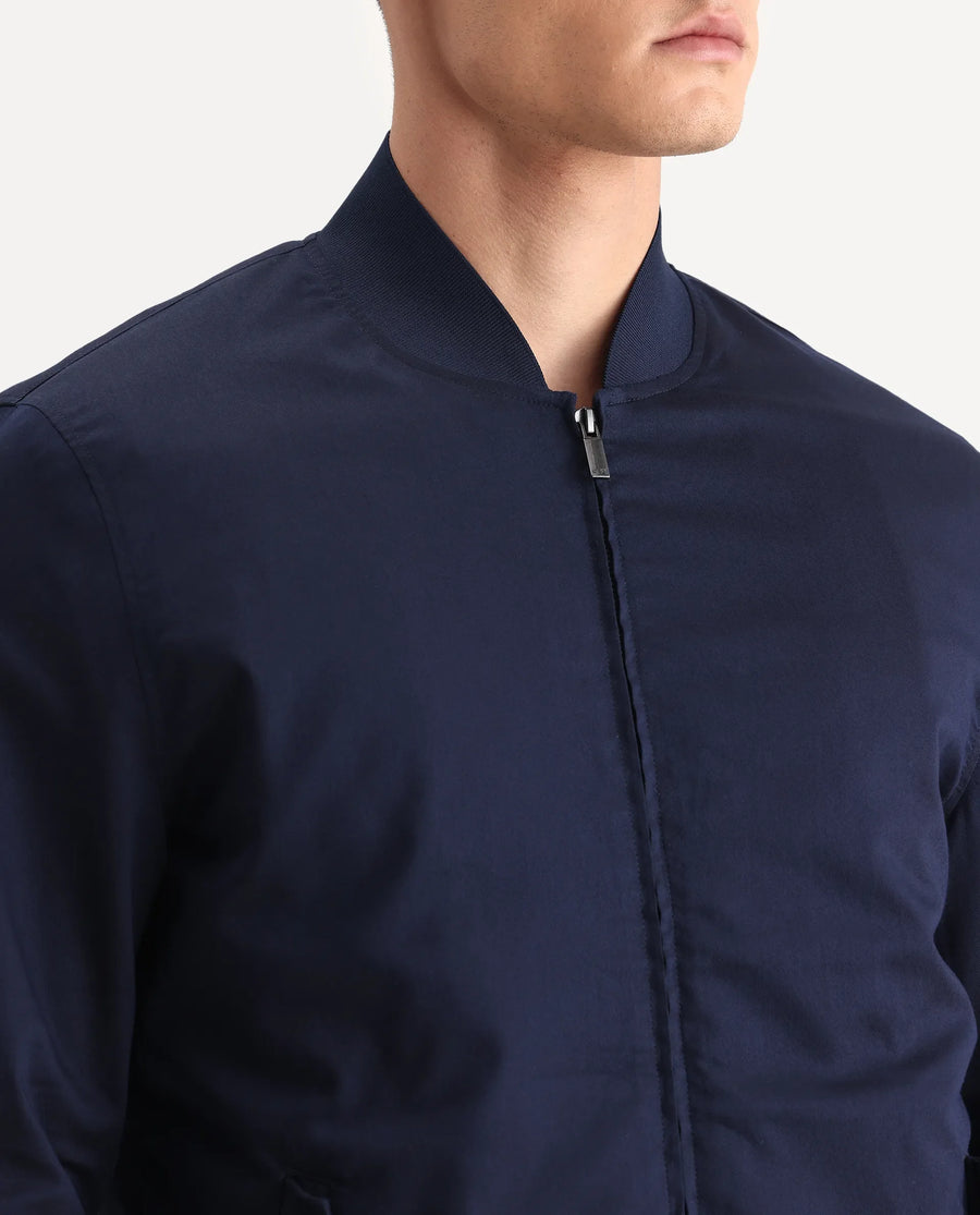 Rare Rabbit Men's Bom Navy Polyester Blend Fabric Ribbed Collar Regular Plain Jacket