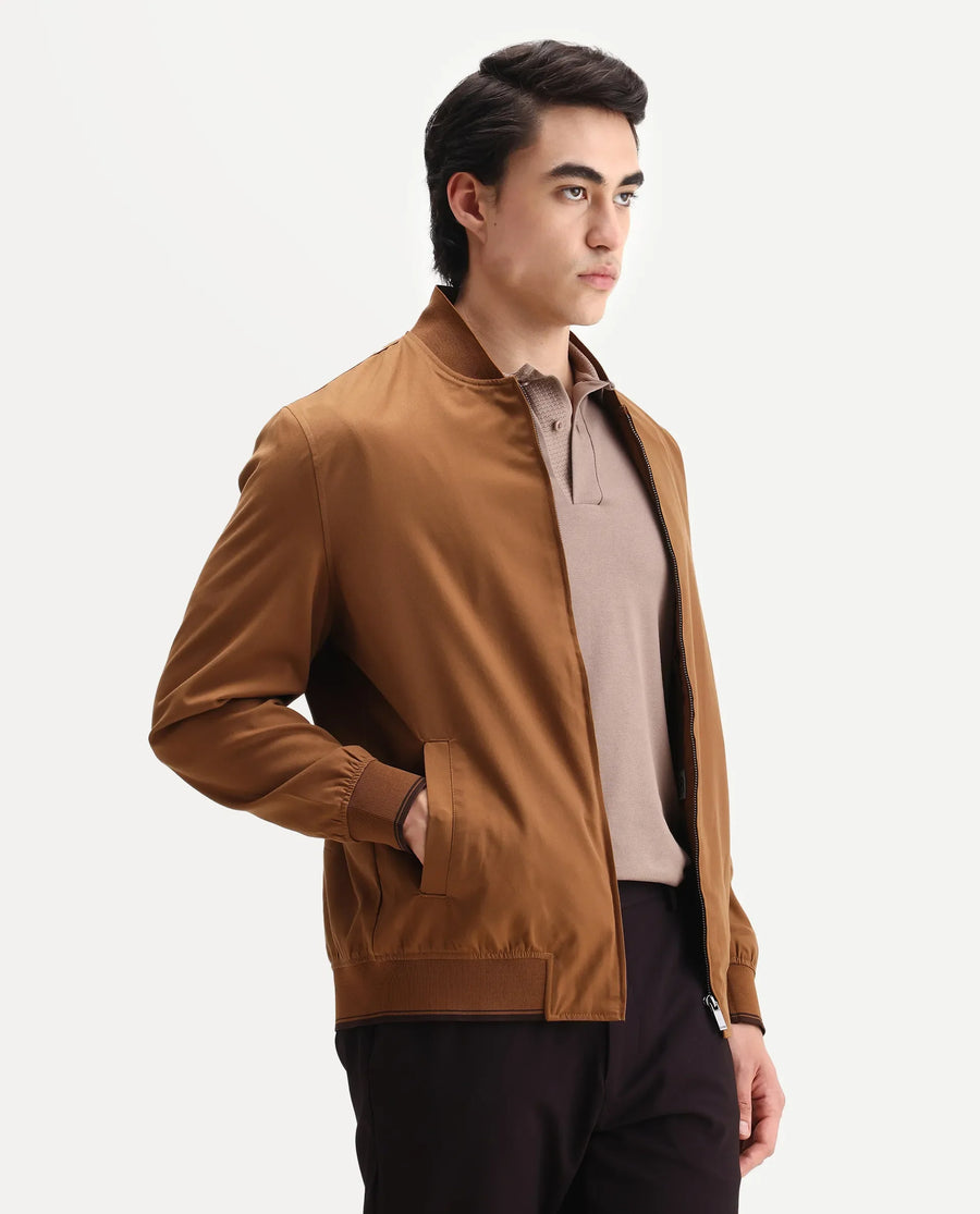 Rare Rabbit Men's Bomto Light Brown Polyester Blend Fabric High Neck Relaxed Plain Jacket