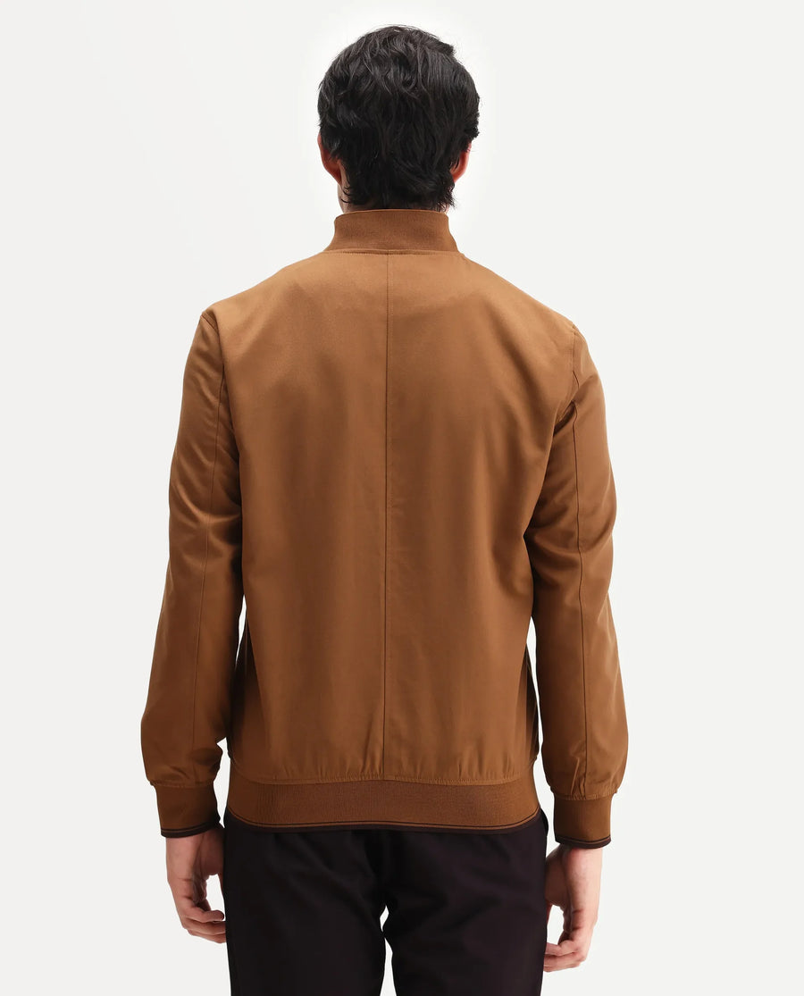 Rare Rabbit Men's Bomto Light Brown Polyester Blend Fabric High Neck Relaxed Plain Jacket