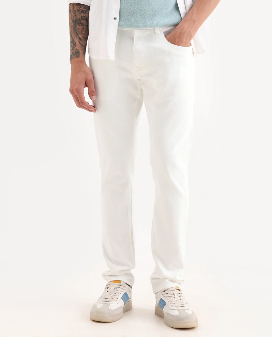 Rare Rabbit Men's Bone Whtie Cotton Blend Fabric Hawk Slim Plain Jeans