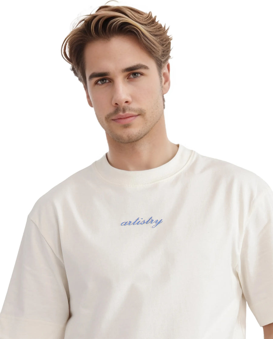 Rare Rabbit Men's Bonz-1 Off White Cotton Graphic Print Oversized Fit Half Sleeve Crew Neck T-Shirt