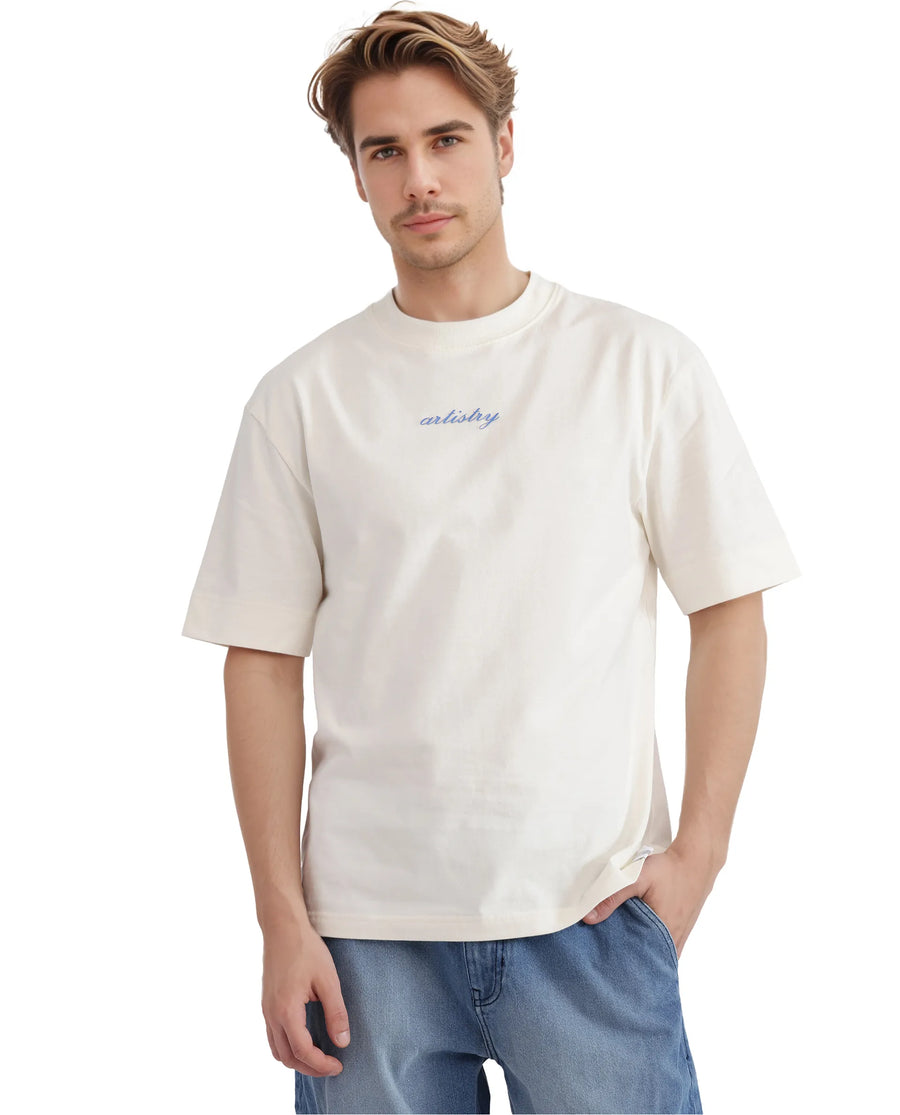 Rare Rabbit Men's Bonz-1 Off White Cotton Graphic Print Oversized Fit Half Sleeve Crew Neck T-Shirt
