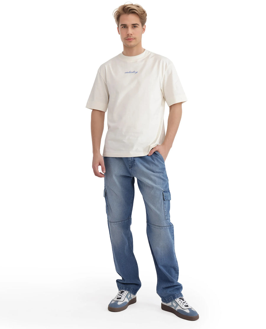 Rare Rabbit Men's Bonz-1 Off White Cotton Graphic Print Oversized Fit Half Sleeve Crew Neck T-Shirt