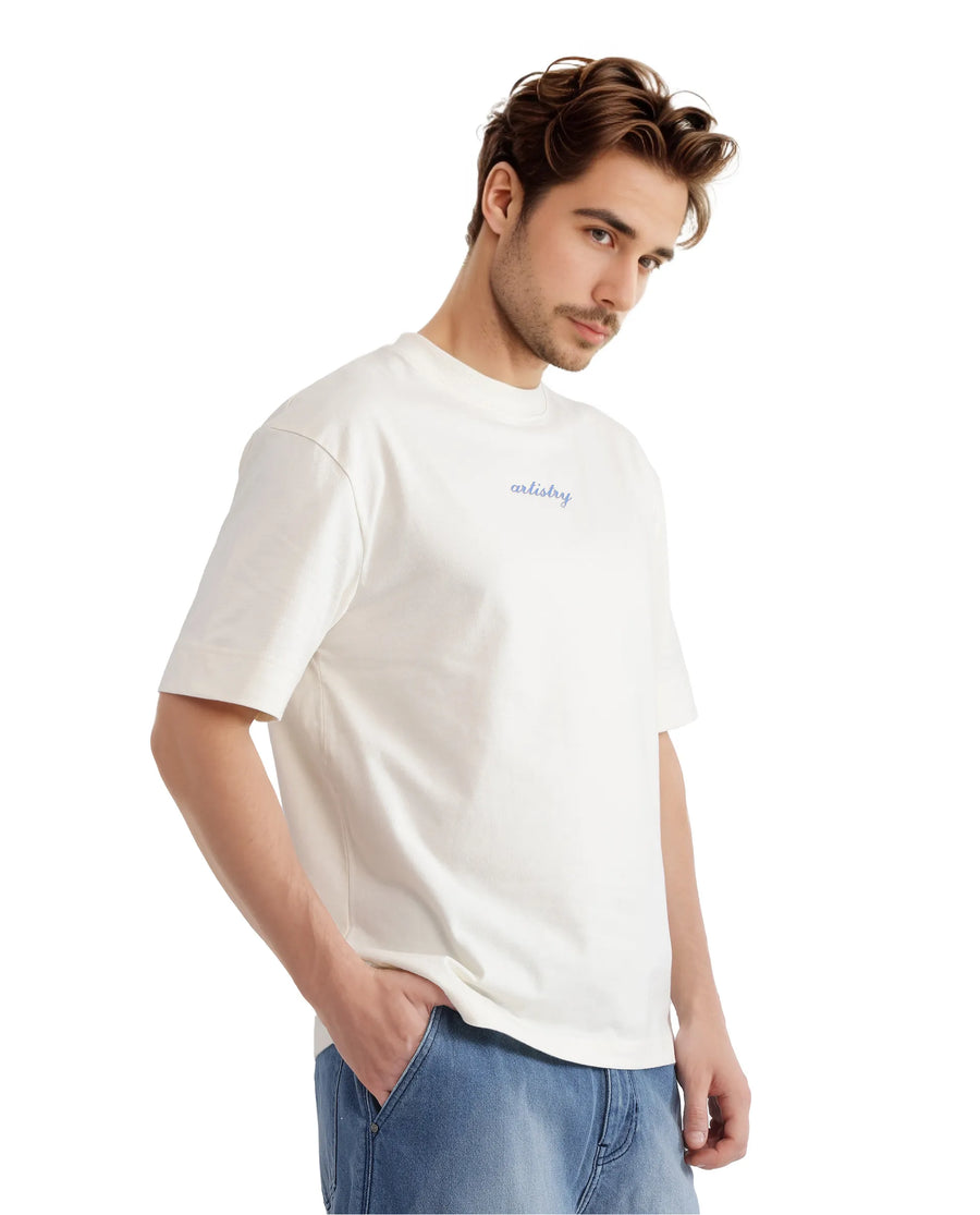 Rare Rabbit Men's Bonz-1 Off White Cotton Graphic Print Oversized Fit Half Sleeve Crew Neck T-Shirt