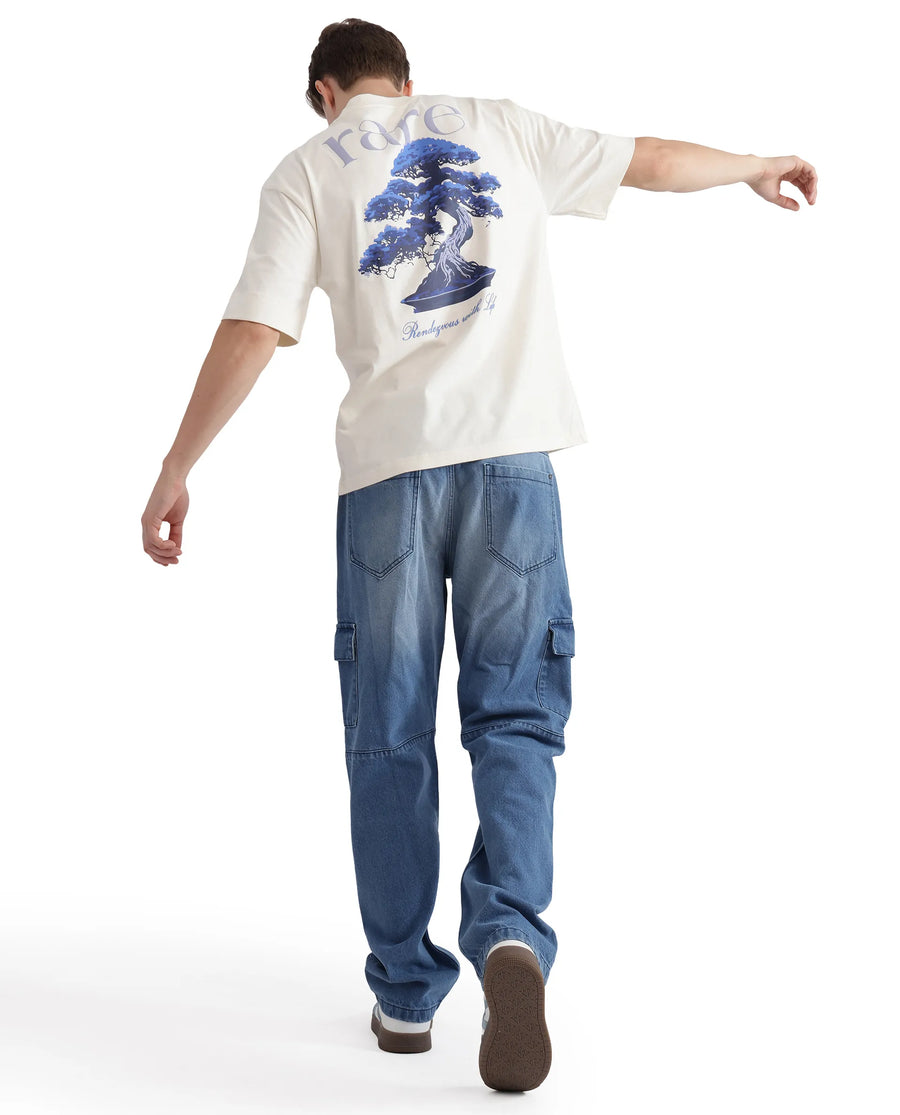 Rare Rabbit Men's Bonz-1 Off White Cotton Graphic Print Oversized Fit Half Sleeve Crew Neck T-Shirt