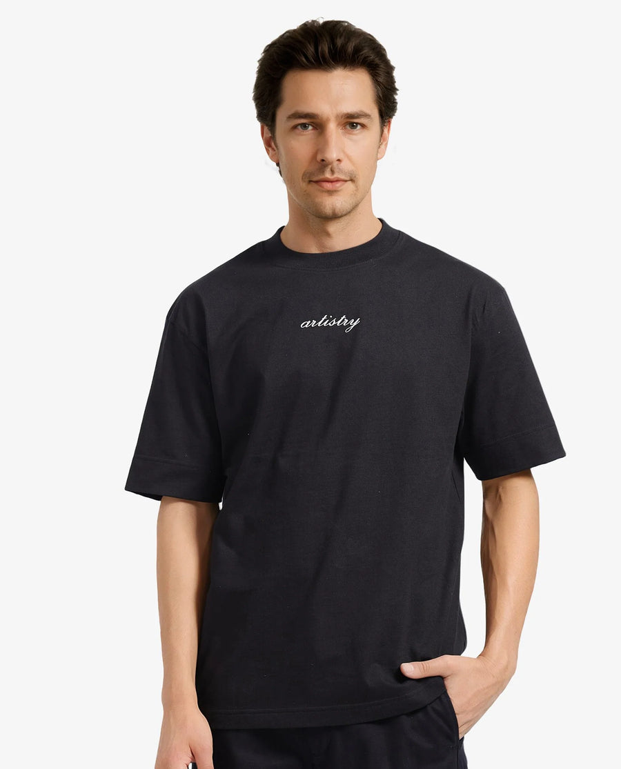 Rare Rabbit Men's Bonz-1 Black Cotton Graphic Print Oversized Fit Half Sleeve Crew Neck T-Shirt