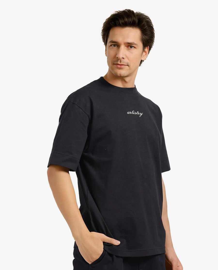 Rare Rabbit Men's Bonz-1 Black Cotton Graphic Print Oversized Fit Half Sleeve Crew Neck T-Shirt