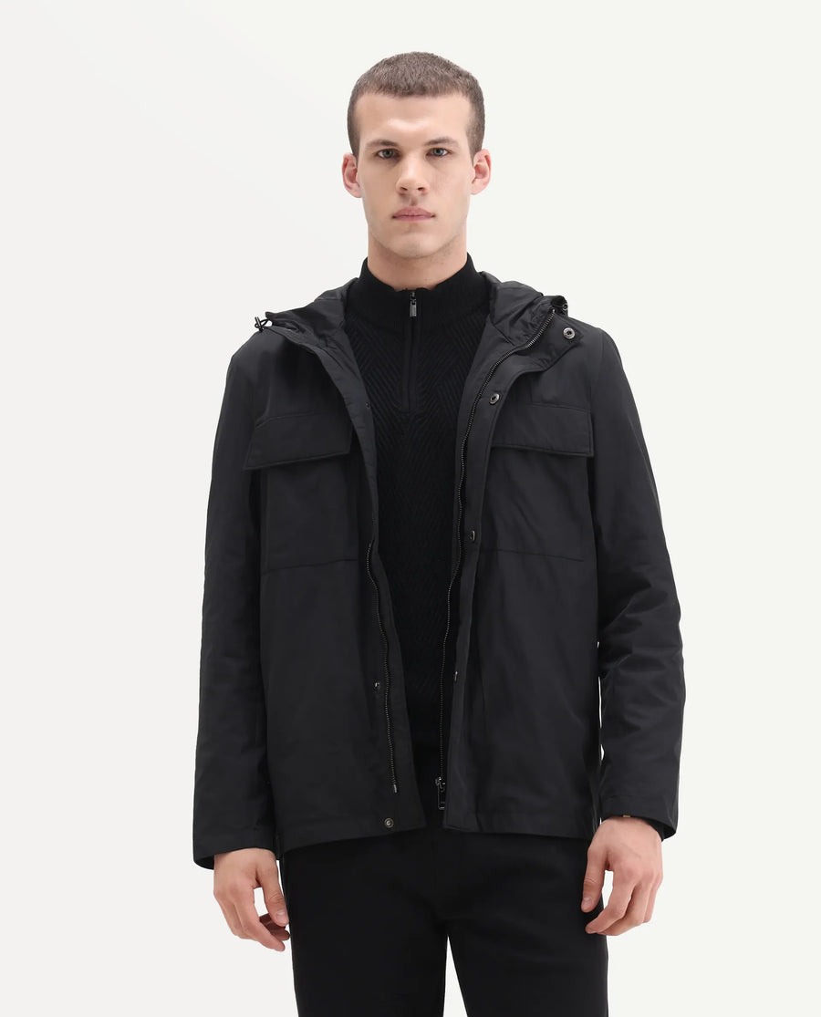 Rare Rabbit Men's Boqi Black Polyester Fabric Hooded Regular Fit Plain Jacket