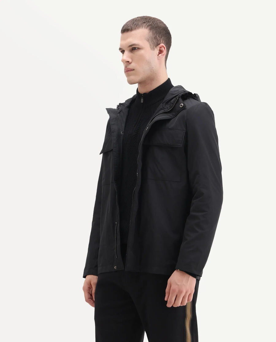 Rare Rabbit Men's Boqi Black Polyester Fabric Hooded Regular Fit Plain Jacket