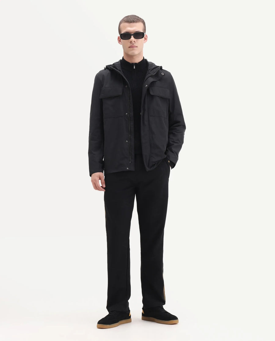 Rare Rabbit Men's Boqi Black Polyester Fabric Hooded Regular Fit Plain Jacket