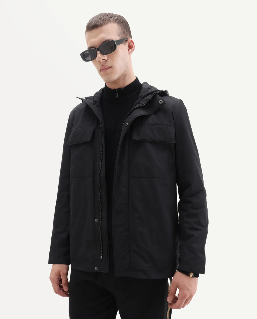 Rare Rabbit Men's Boqi Black Polyester Fabric Hooded Regular Fit Plain Jacket