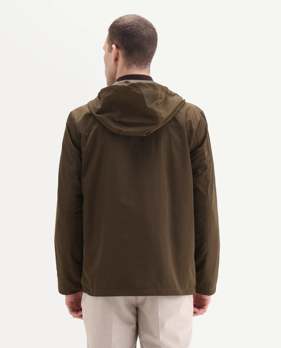 Rare Rabbit Men's Boqi Coffee Polyester Fabric Hooded Regular Fit Plain Jacket
