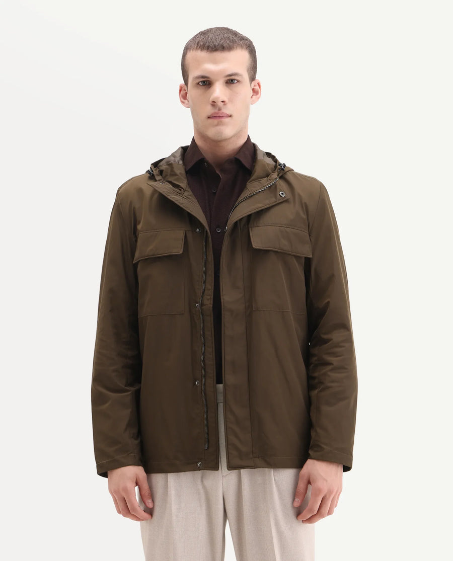 Rare Rabbit Men's Boqi Coffee Polyester Fabric Hooded Regular Fit Plain Jacket