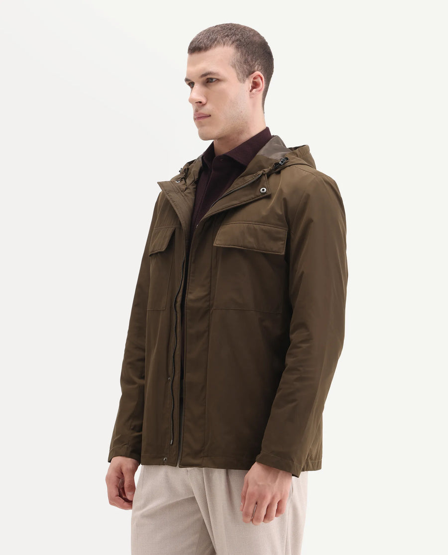 Rare Rabbit Men's Boqi Coffee Polyester Fabric Hooded Regular Fit Plain Jacket