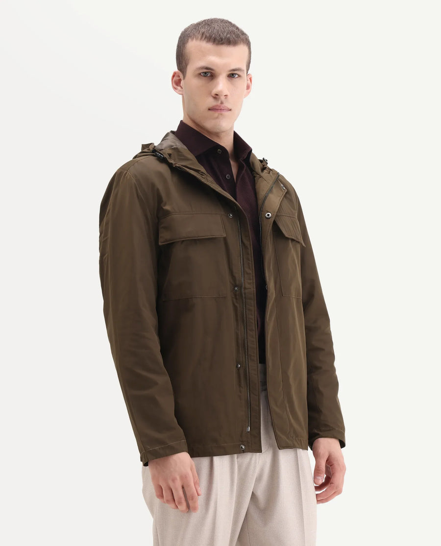 Rare Rabbit Men's Boqi Coffee Polyester Fabric Hooded Regular Fit Plain Jacket