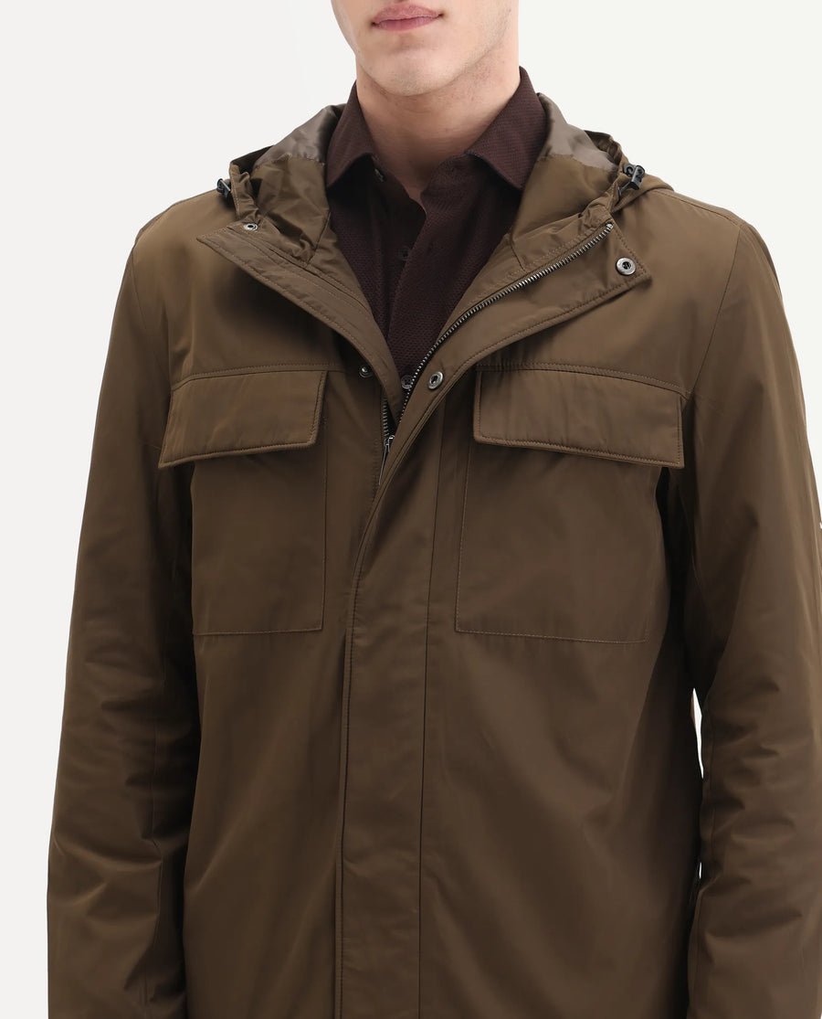 Rare Rabbit Men's Boqi Coffee Polyester Fabric Hooded Regular Fit Plain Jacket