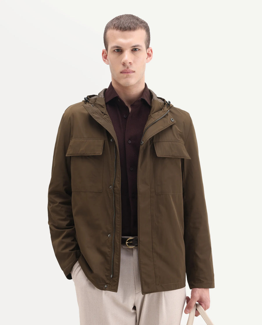 Rare Rabbit Men's Boqi Coffee Polyester Fabric Hooded Regular Fit Plain Jacket