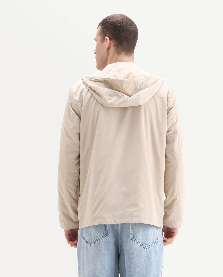 Rare Rabbit Men's Boqi Beige Polyester Fabric Hooded Regular Fit Plain Jacket