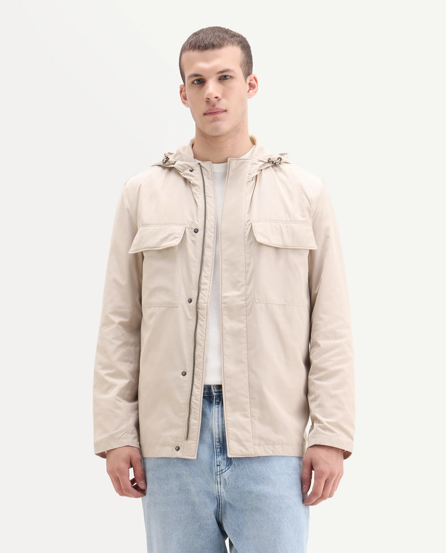 Rare Rabbit Men's Boqi Beige Polyester Fabric Hooded Regular Fit Plain Jacket