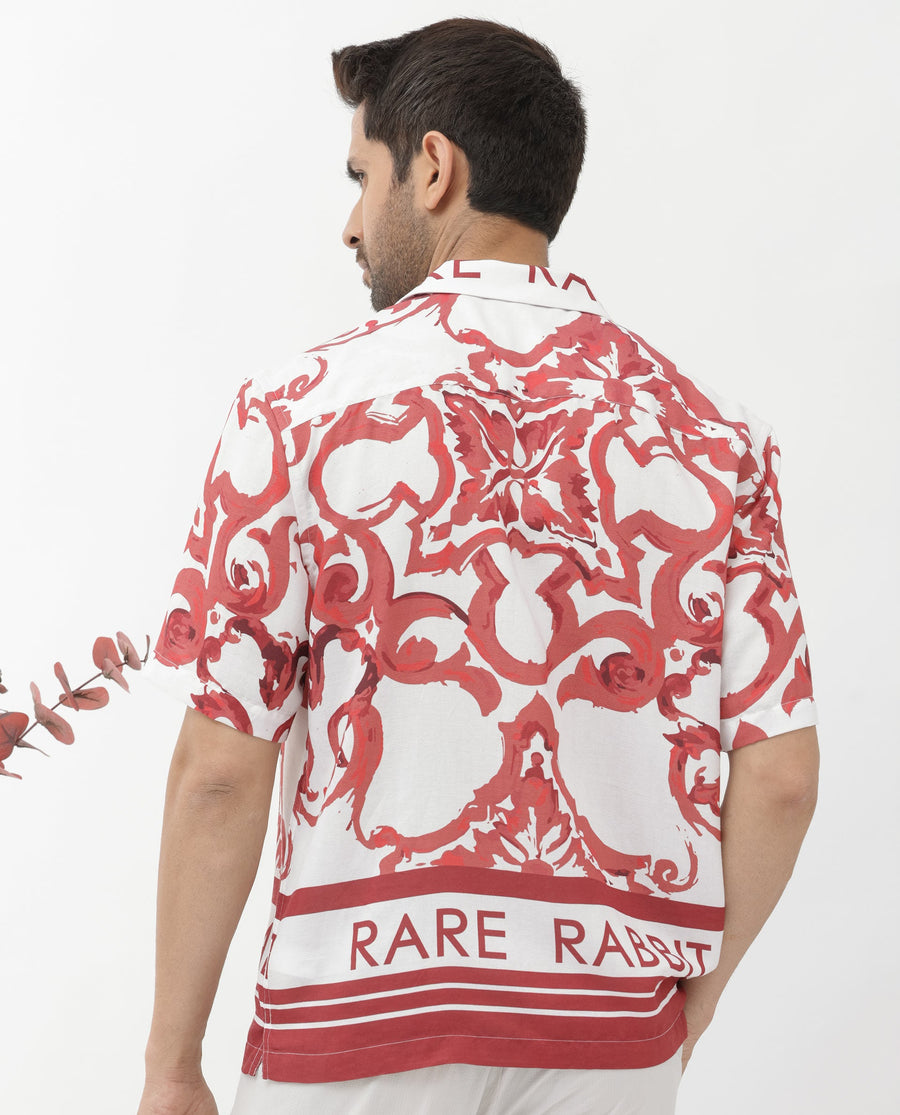 Rare Rabbit Men's Bordin Red Cotton Abstract Print Boxy Fit Half Sleeve Cuban Collar Shirt