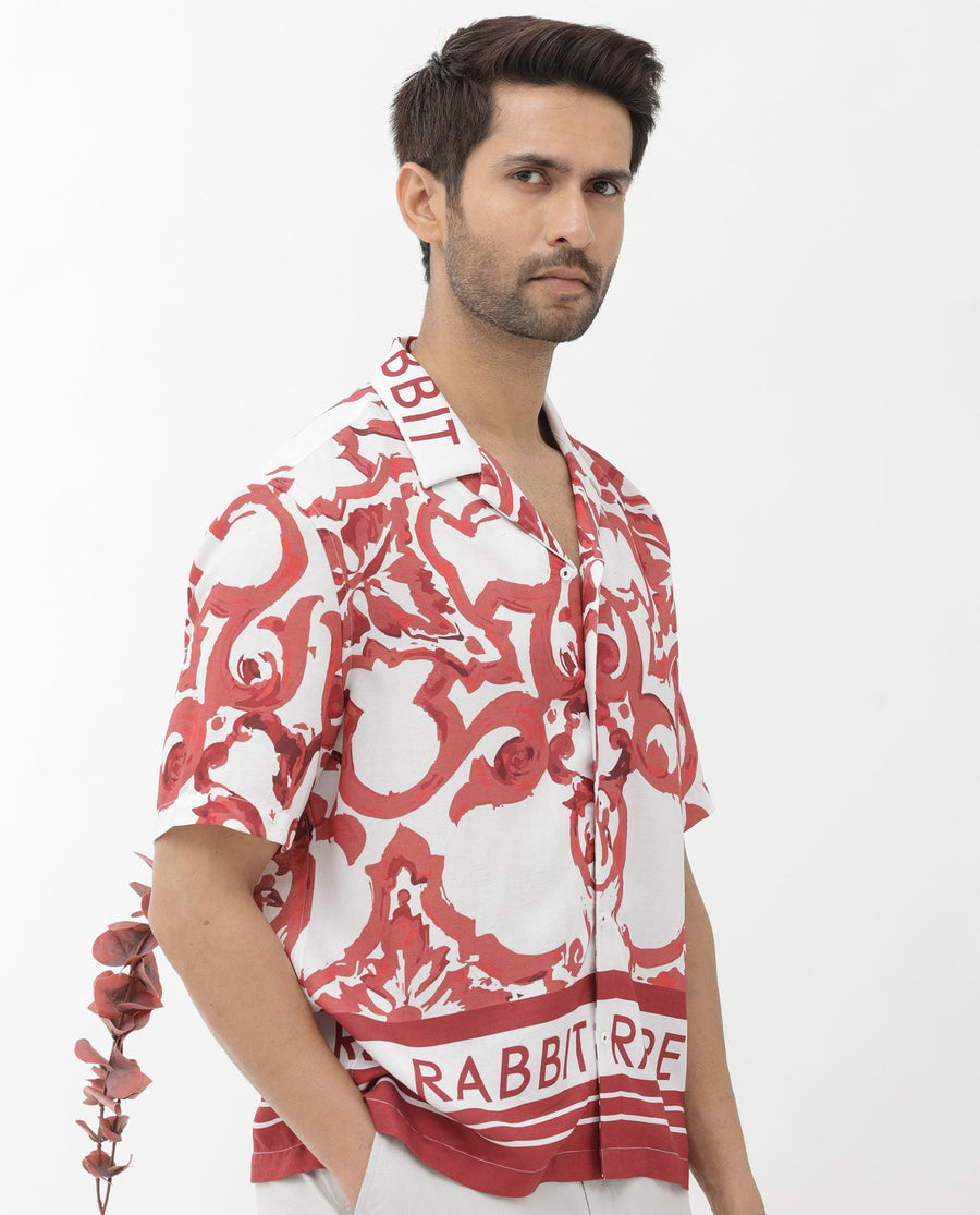 Rare Rabbit Men's Bordin Red Cotton Abstract Print Boxy Fit Half Sleeve Cuban Collar Shirt