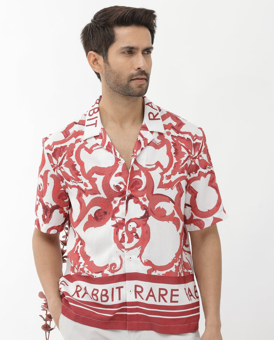 Rare Rabbit Men's Bordin Red Cotton Abstract Print Boxy Fit Half Sleeve Cuban Collar Shirt