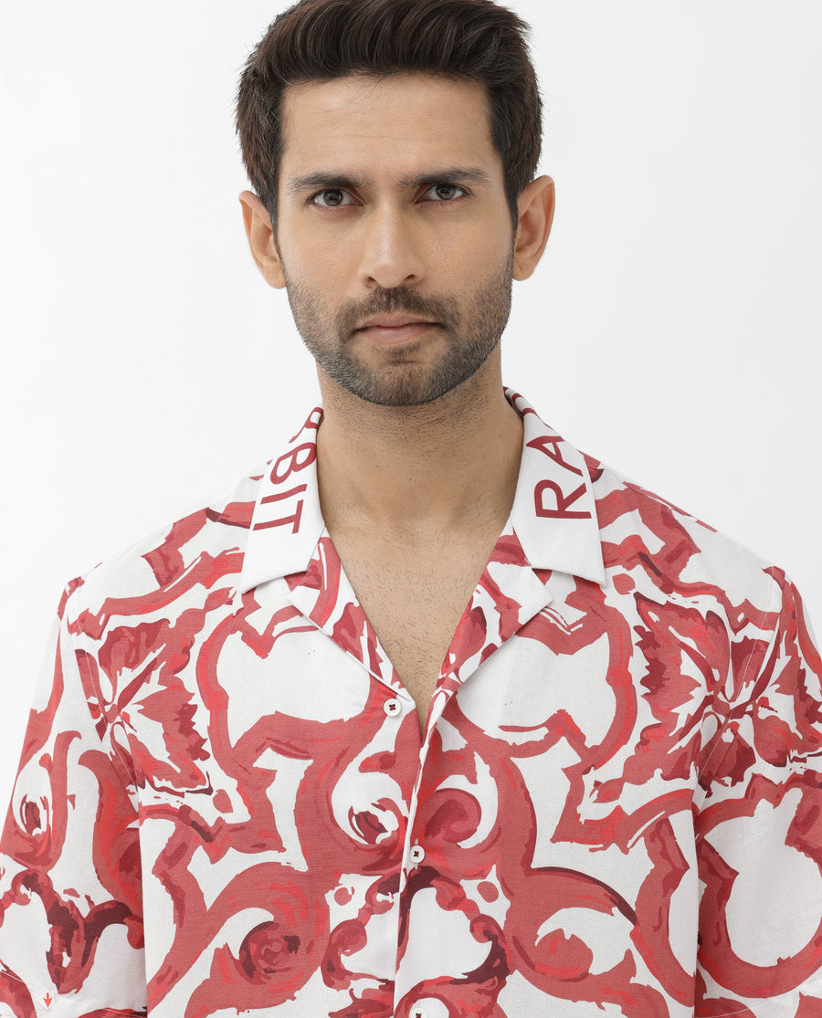 Rare Rabbit Men's Bordin Red Cotton Abstract Print Boxy Fit Half Sleeve Cuban Collar Shirt