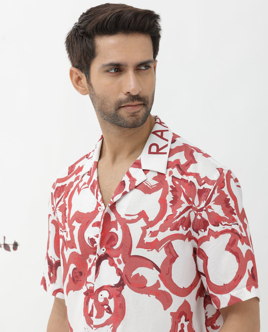 Rare Rabbit Men's Bordin Red Cotton Abstract Print Boxy Fit Half Sleeve Cuban Collar Shirt