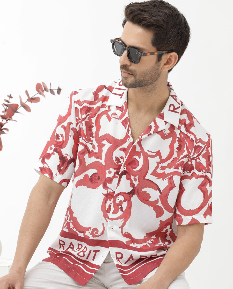 Rare Rabbit Men's Bordin Red Cotton Abstract Print Boxy Fit Half Sleeve Cuban Collar Shirt