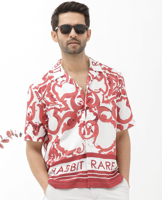 Rare Rabbit Men's Bordin Red Cotton Abstract Print Boxy Fit Half Sleeve Cuban Collar Shirt