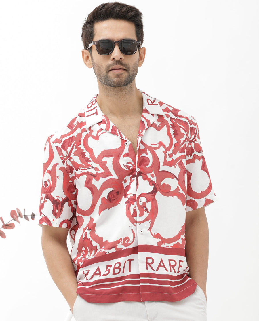 Rare Rabbit Men's Bordin Red Cotton Abstract Print Boxy Fit Half Sleeve Cuban Collar Shirt