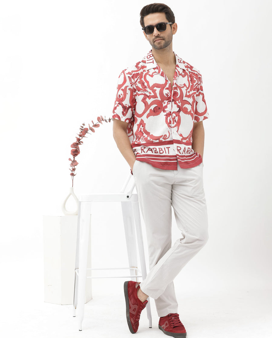 Rare Rabbit Men's Bordin Red Cotton Abstract Print Boxy Fit Half Sleeve Cuban Collar Shirt