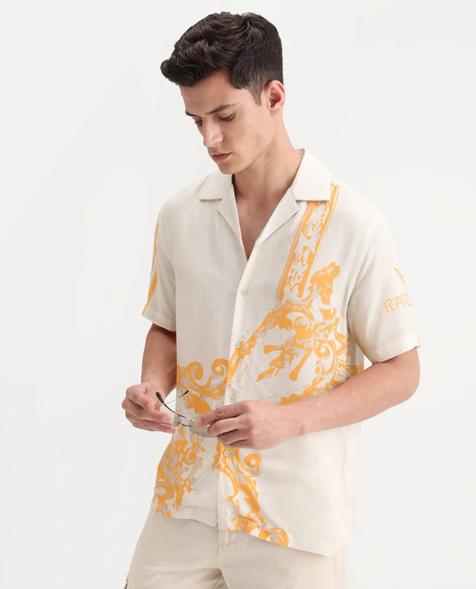 Rare Rabbit Men's Bordis-25 Off White Viscose Abstract Print Boxy Fit Half Sleeve Spread Collar Shirt