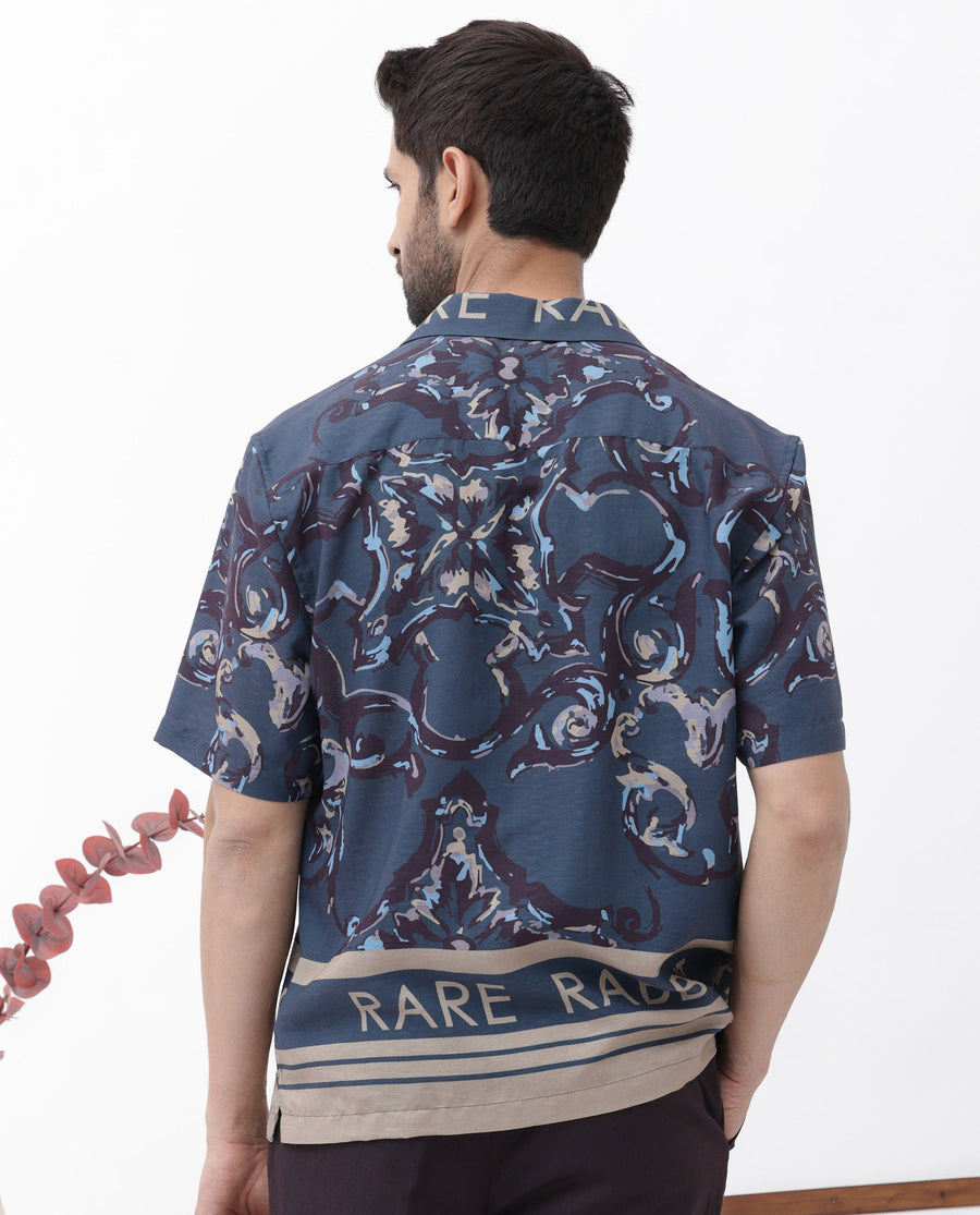 Rare Rabbit Men's Bordi Dark Navy Viscose Abstract Print Boxy Fit Half Sleeve Cuban Collar Shirt