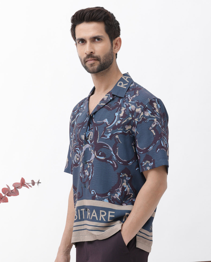 Rare Rabbit Men's Bordi Dark Navy Viscose Abstract Print Boxy Fit Half Sleeve Cuban Collar Shirt