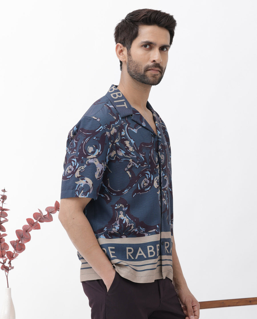 Rare Rabbit Men's Bordi Dark Navy Viscose Abstract Print Boxy Fit Half Sleeve Cuban Collar Shirt