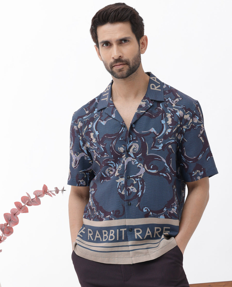 Rare Rabbit Men's Bordi Dark Navy Viscose Abstract Print Boxy Fit Half Sleeve Cuban Collar Shirt