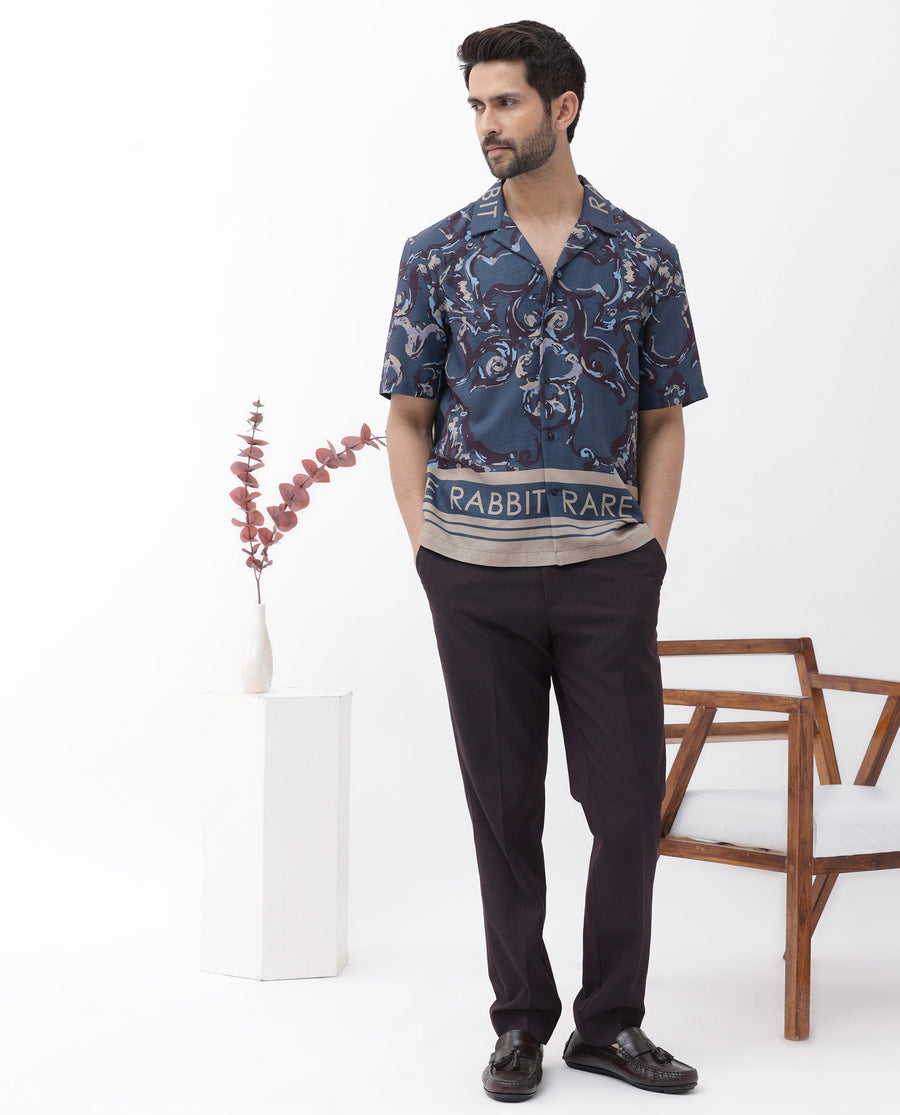 Rare Rabbit Men's Bordi Dark Navy Viscose Abstract Print Boxy Fit Half Sleeve Cuban Collar Shirt