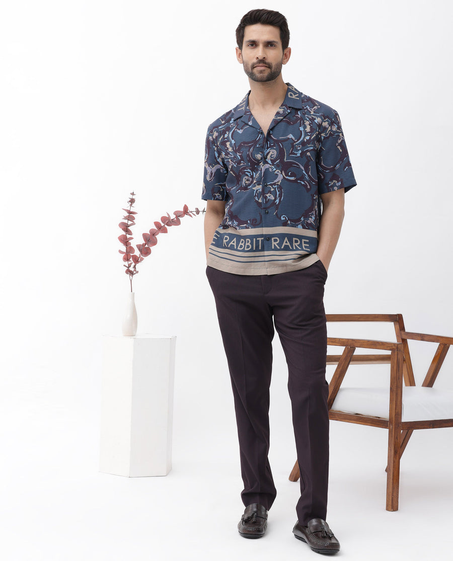 Rare Rabbit Men's Bordi Dark Navy Viscose Abstract Print Boxy Fit Half Sleeve Cuban Collar Shirt