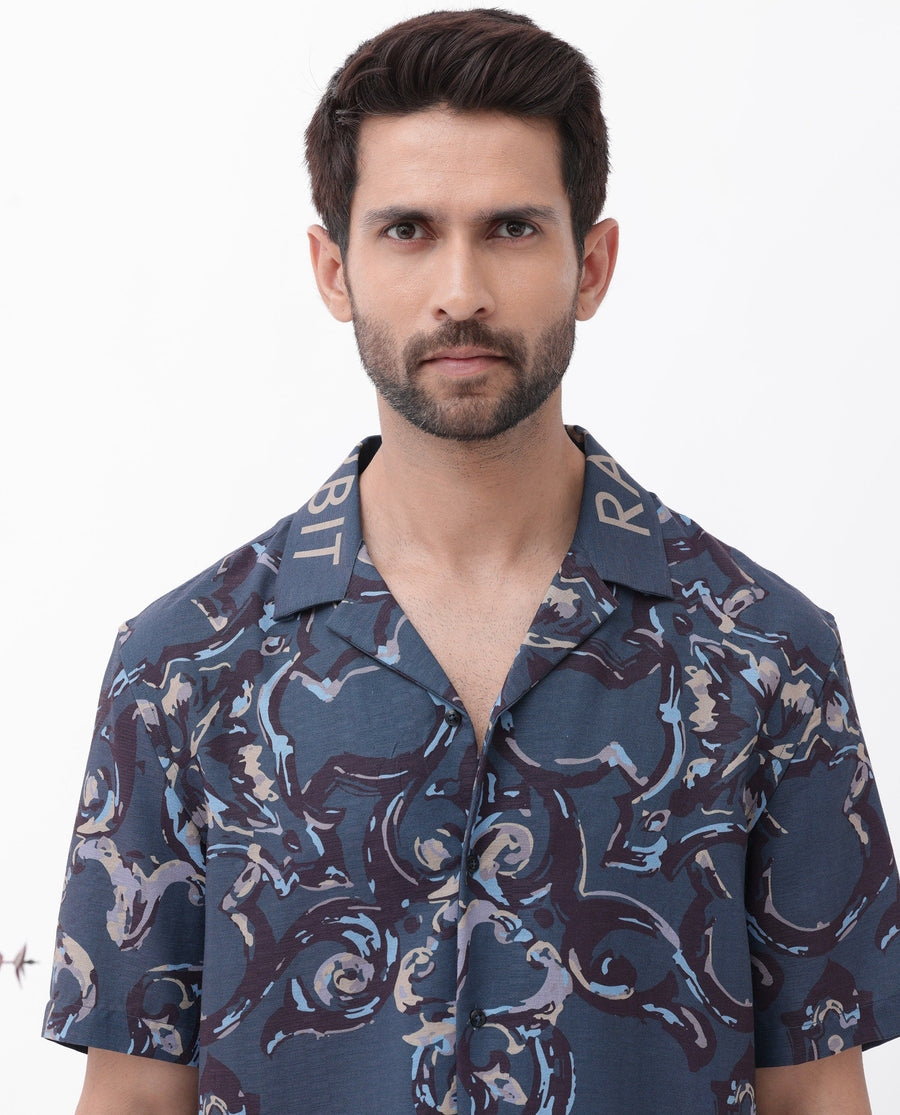 Rare Rabbit Men's Bordi Dark Navy Viscose Abstract Print Boxy Fit Half Sleeve Cuban Collar Shirt