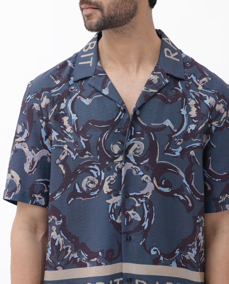 Rare Rabbit Men's Bordi Dark Navy Viscose Abstract Print Boxy Fit Half Sleeve Cuban Collar Shirt